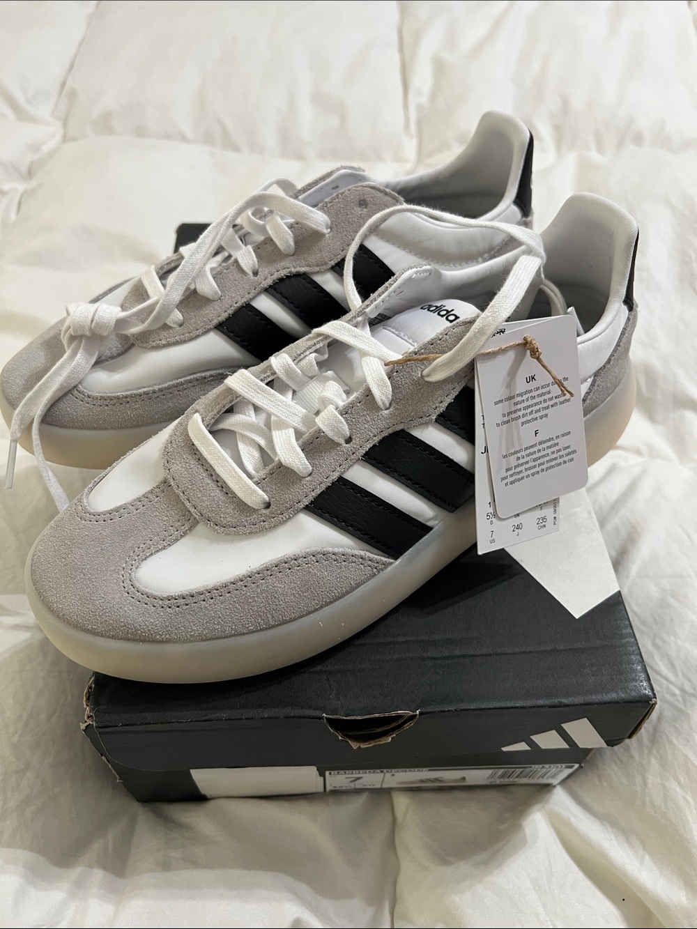 adidas womens White, Black & Light Gray Suede Retro Sneakers